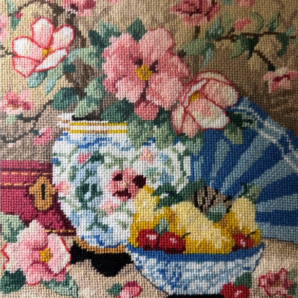 Vintage Needlepoint  Cherry Blossom Framed Picture 19”x21” Fruits Flowers 60s - Picture 12 of 14